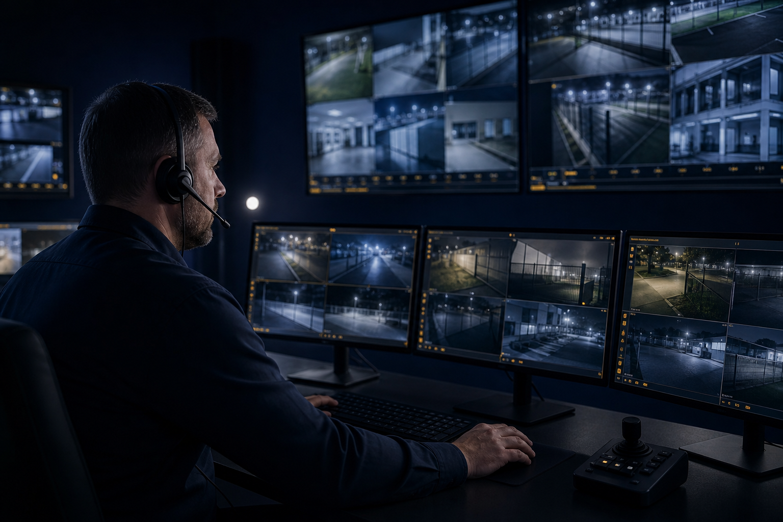 Operator monitoring CCTV feeds in a security control room