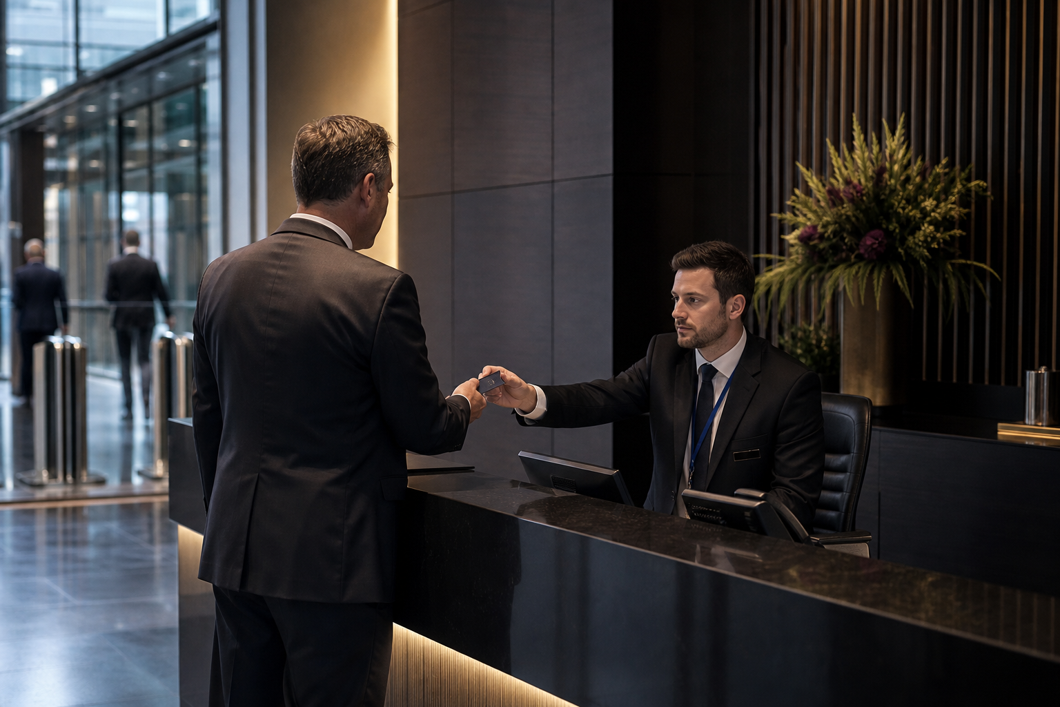 Corporate security officer at a modern office reception